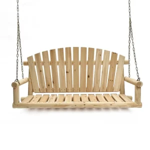 Natural Unfinished Wood Log Cabin Porch Swing with Chains